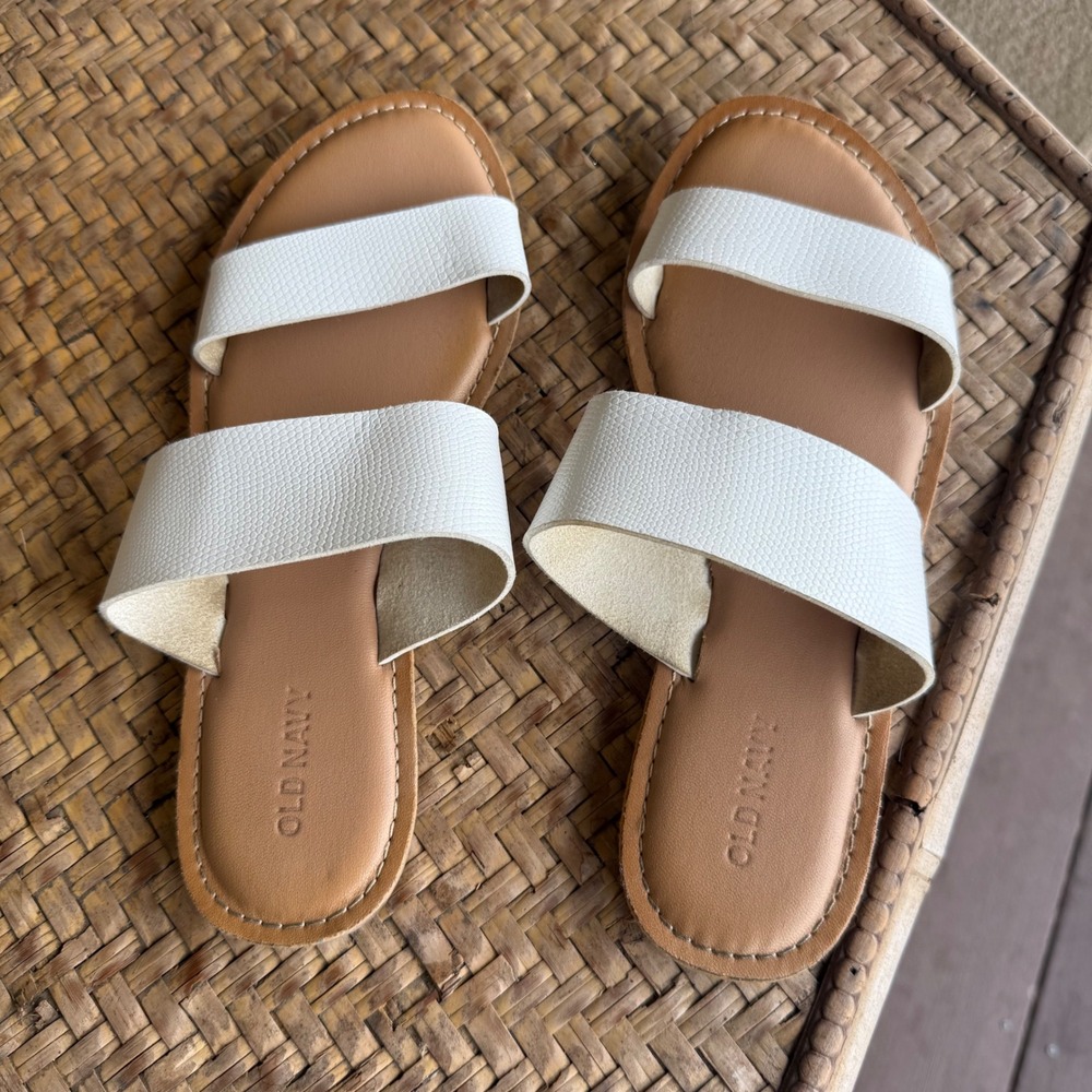 Old Navy Double Strap Slide Sandals Womens 7 White Textured Flat Slip On Casual